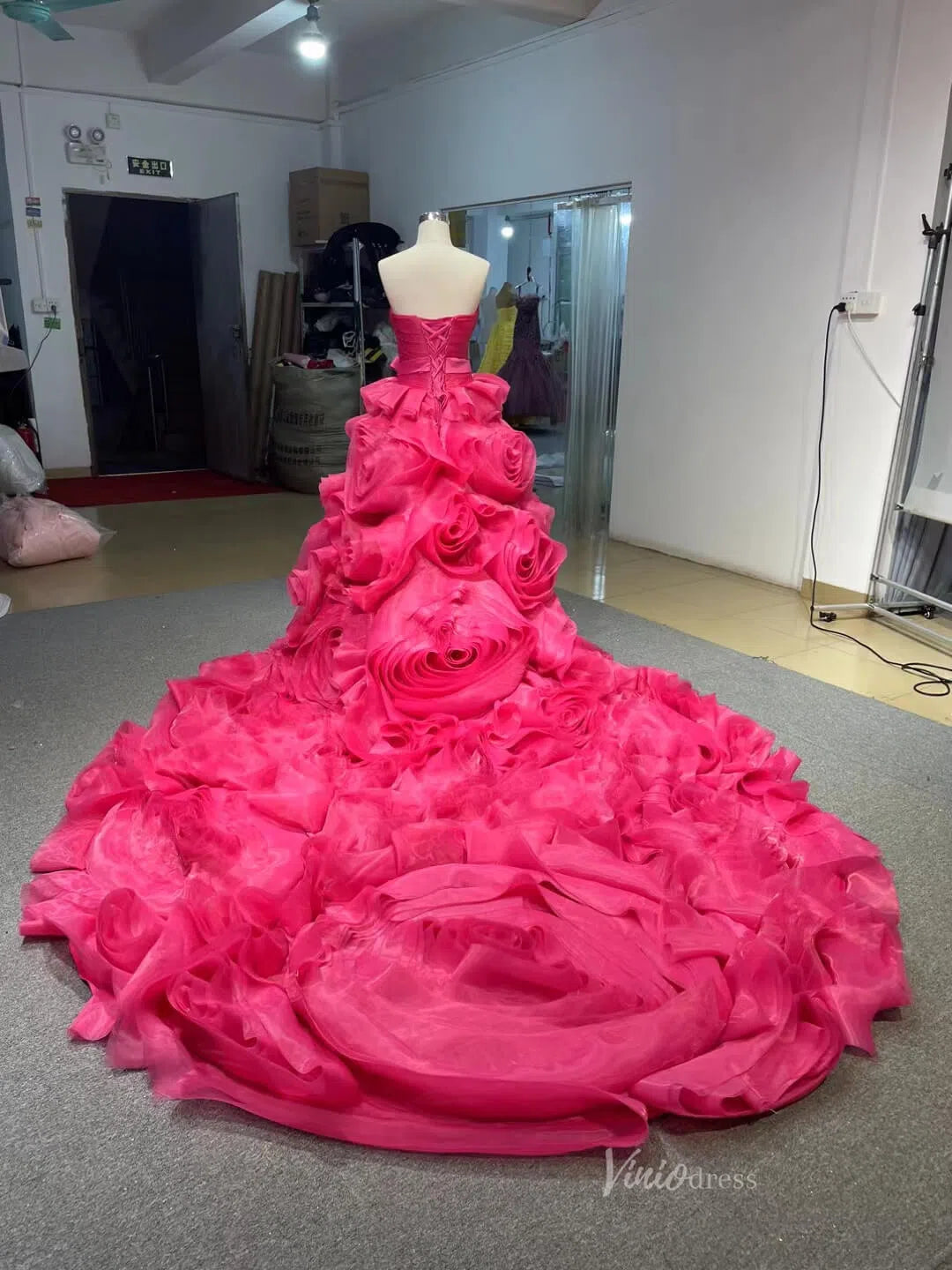 Prom Dress 2025 Strapless Ruffle Ball Gown Rosette Wedding Dress FD1421-unique prom dresses-Fuchsia-Custom Size-Viniodress