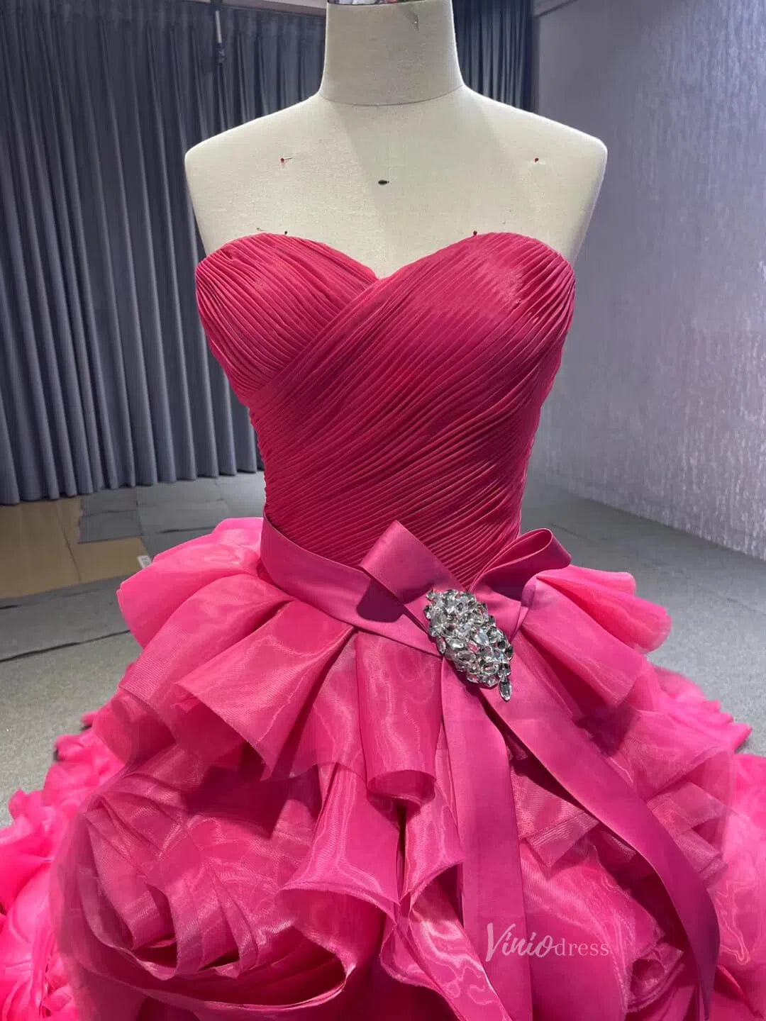 Prom Dress 2025 Strapless Ruffle Ball Gown Rosette Wedding Dress FD1421-unique prom dresses-Fuchsia-Custom Size-Viniodress