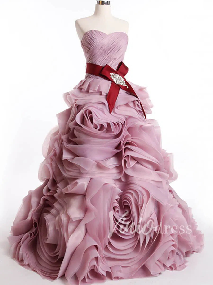 Strapless Ruffle Ball Gown Rosette Wedding Dress FD1421-prom dresses-Viniodress-Dusty Rose-Custom Size-Viniodress