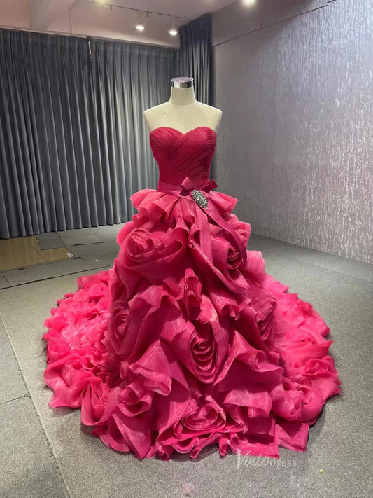 Prom Dress 2025 Strapless Ruffle Ball Gown Rosette Wedding Dress FD1421-unique prom dresses-Fuchsia-Custom Size-Viniodress