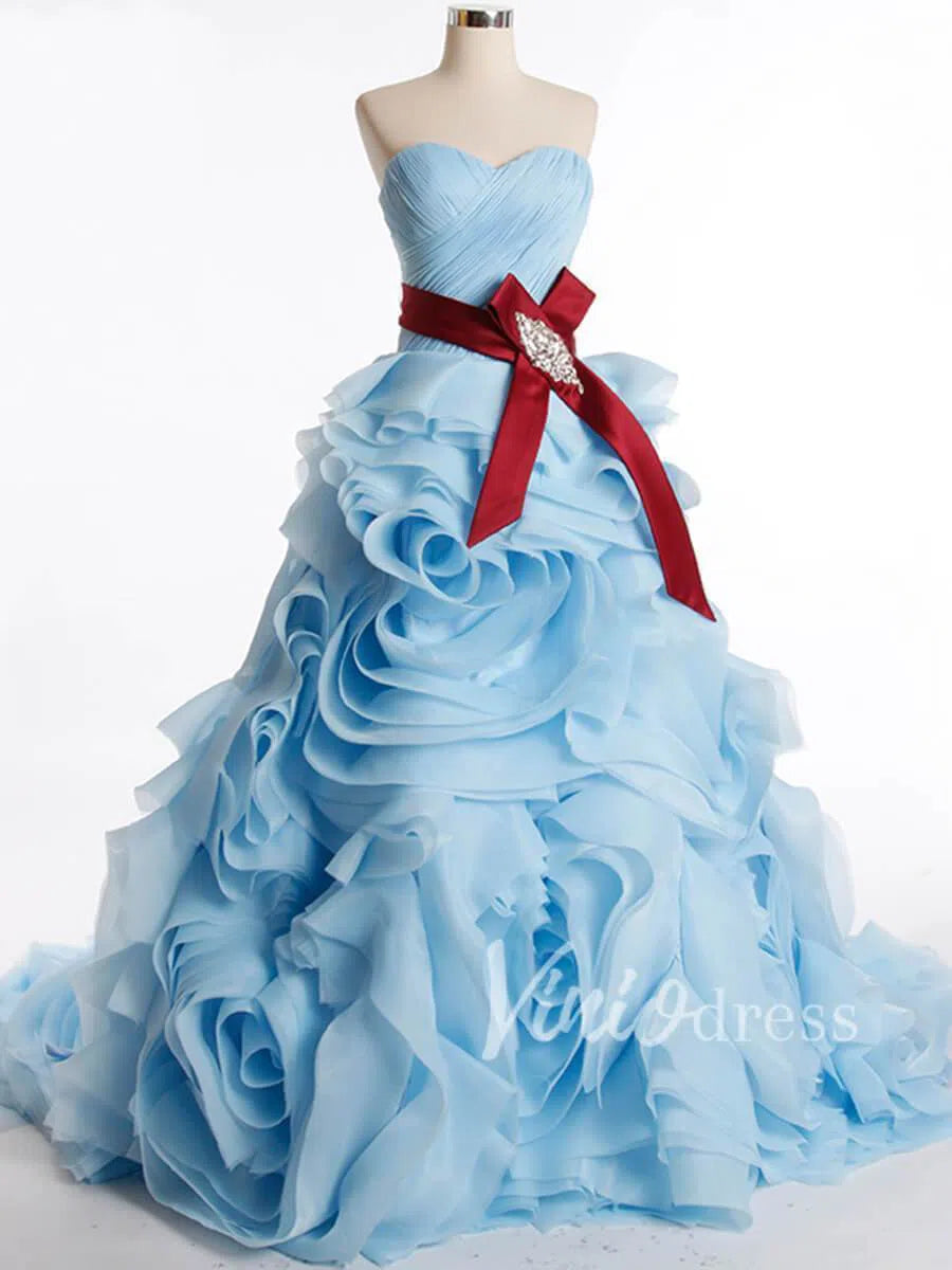 Prom Dress 2025 Strapless Ruffle Ball Gown Rosette Wedding Dress FD1421-unique prom dresses-Light Blue-Custom Size-Viniodress