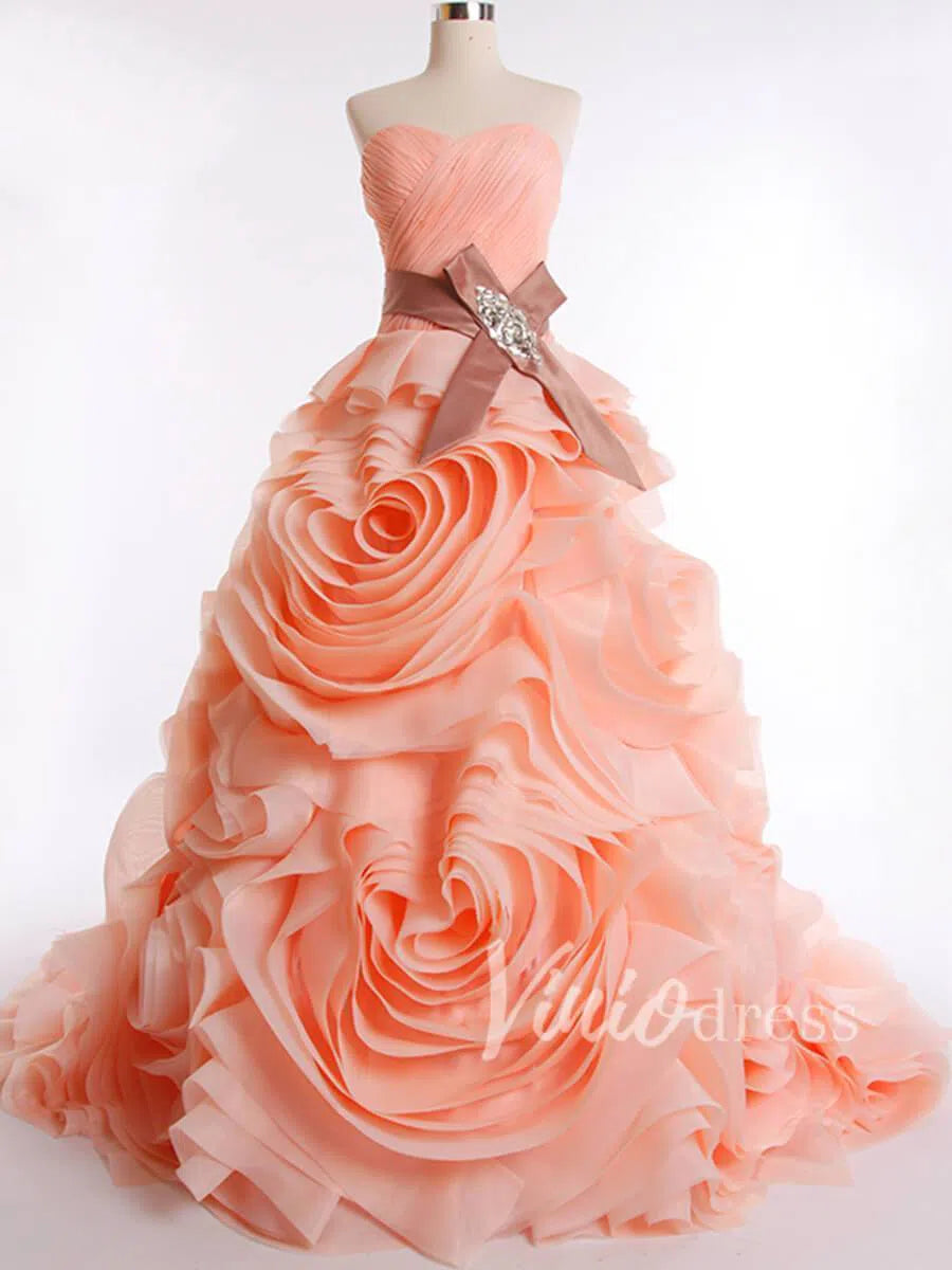 Strapless Ruffle Ball Gown Rosette Wedding Dress FD1421-prom dresses-Viniodress-Peach-Custom Size-Viniodress