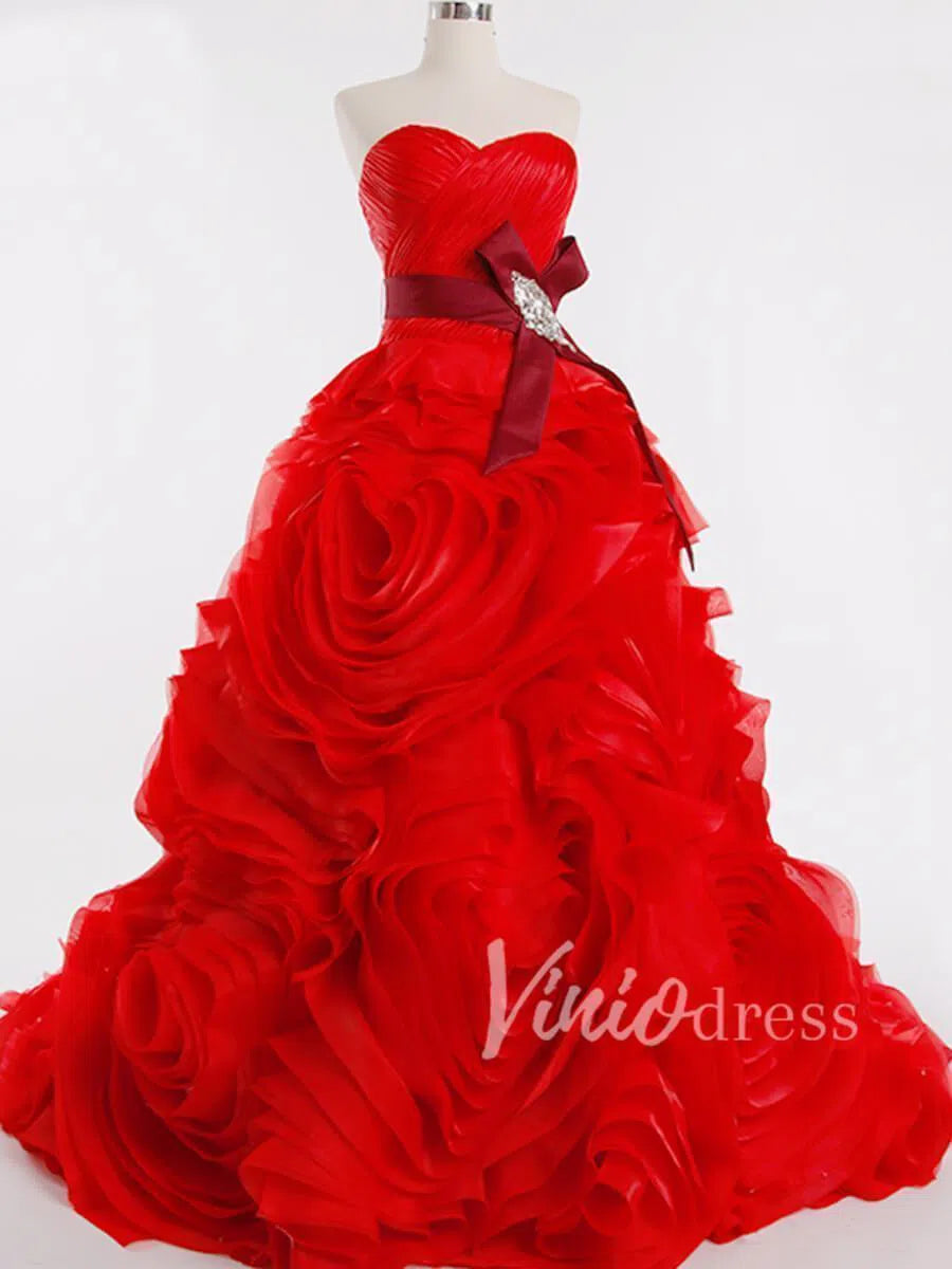 Strapless Ruffle Ball Gown Rosette Wedding Dress FD1421-prom dresses-Viniodress-Red-Custom Size-Viniodress