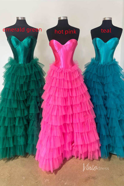 Strapless Ruffle Prom Dresses with Slit Satin Bodice FD4001-prom dresses 2025 -Viniodress-Teal-Custom Size-