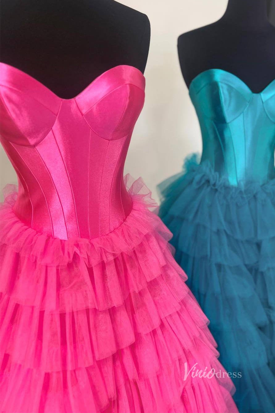 Strapless Ruffle Prom Dresses with Slit Satin Bodice FD4001-prom dresses 2025 -Viniodress-Light Blue-Custom Size-