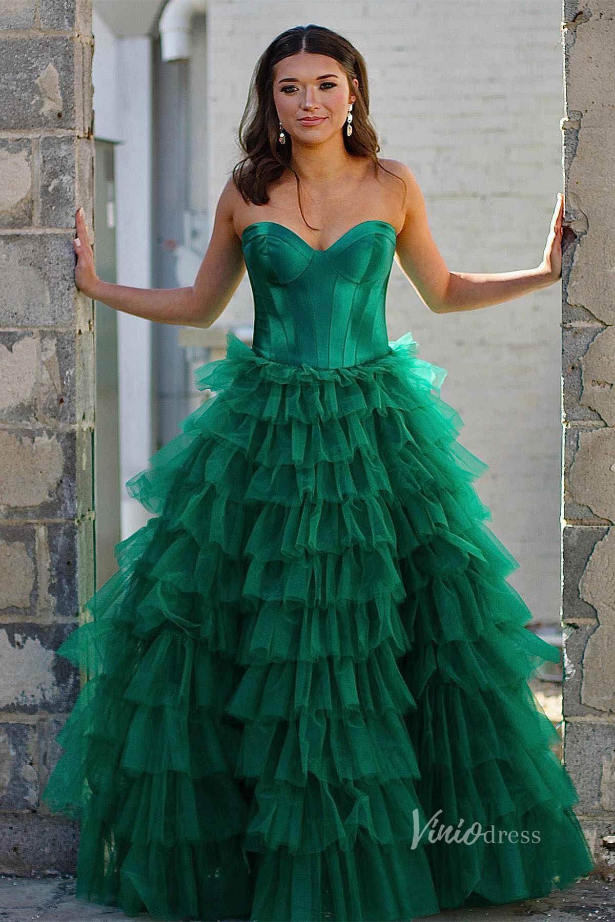 Prom Dress 2025 Strapless Ruffle Cheap Prom Dresses with Slit Satin Bodice FD4001-unique prom dresses-Emerald Green-Custom Size-Viniodress