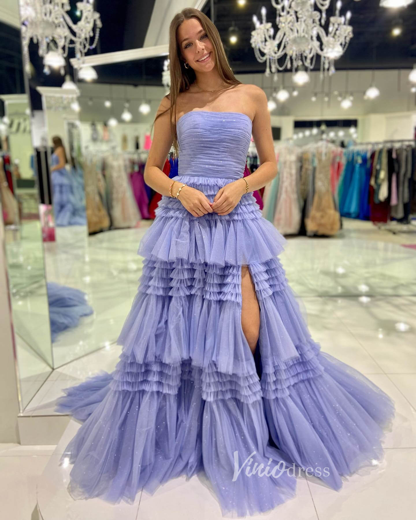 Strapless Ruffle Prom Dresses with Slit Sparkly Tulle Formal Dress FD2993S-prom dresses 2025 -Viniodress-Lavender-Custom Size-