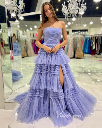 Strapless Ruffle Prom Dresses with Slit Sparkly Tulle Formal Dress FD2993S-prom dresses 2025 -Viniodress-Lavender-Custom Size-