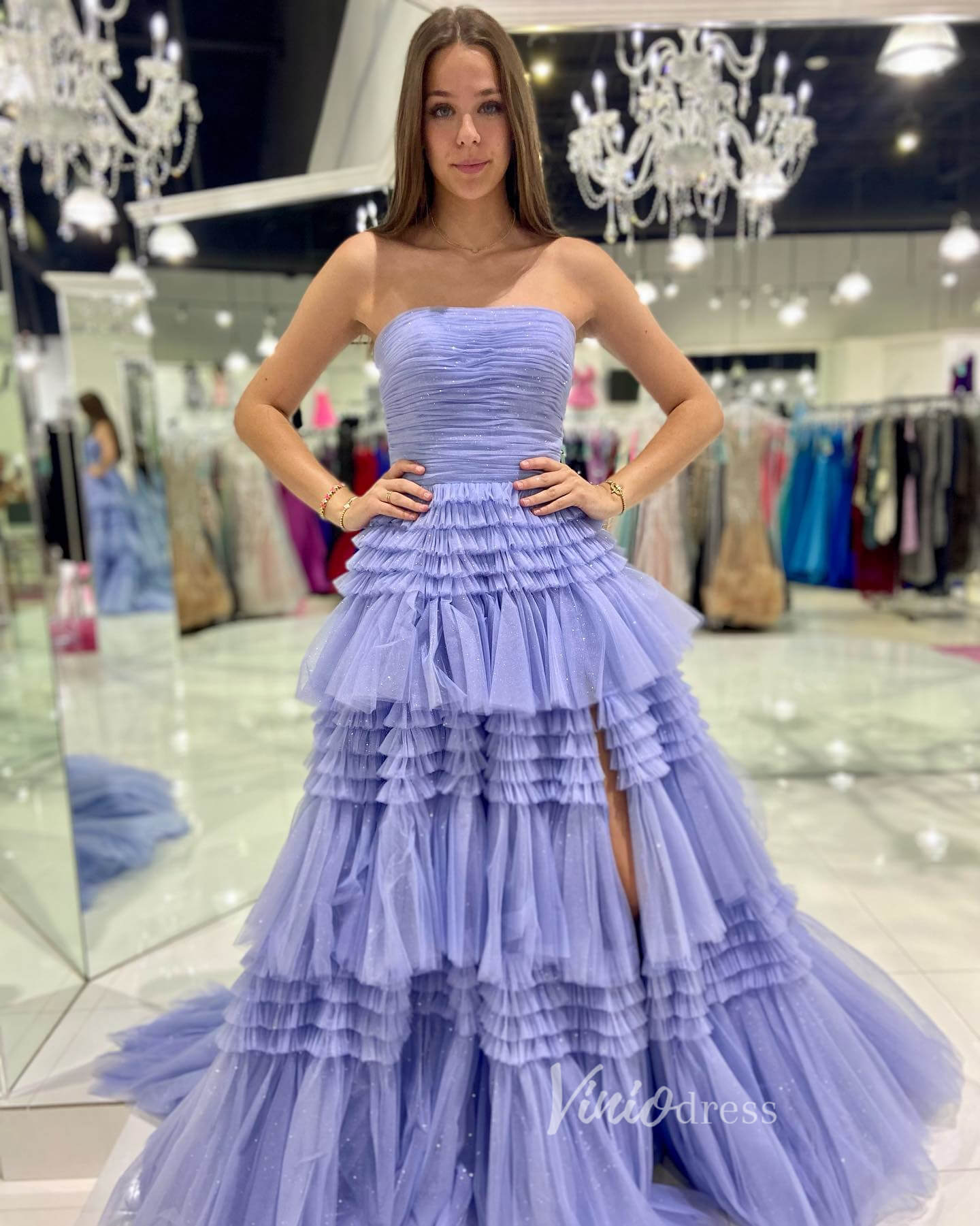 Strapless Ruffle Prom Dresses with Slit Sparkly Tulle Formal Dress FD2993S-prom dresses 2025 -Viniodress-Lavender-Custom Size-