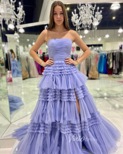 Strapless Ruffle Prom Dresses with Slit Sparkly Tulle Formal Dress FD2993S-prom dresses 2025 -Viniodress-Lavender-Custom Size-