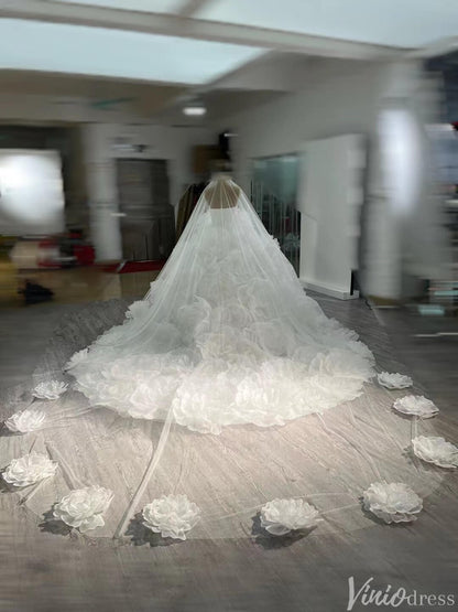 Strapless Ruffle Rosette Flower Balll Gown Wedding Dresses with Veil 241086-wedding dresses 2025 -Viniodress-Ivory-Custom Size-No Veil