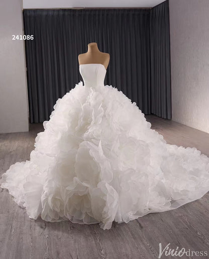 Strapless Ruffle Rosette Flower Balll Gown Wedding Dresses with Veil 241086-wedding dresses 2025 -Viniodress-Ivory-Custom Size-No Veil