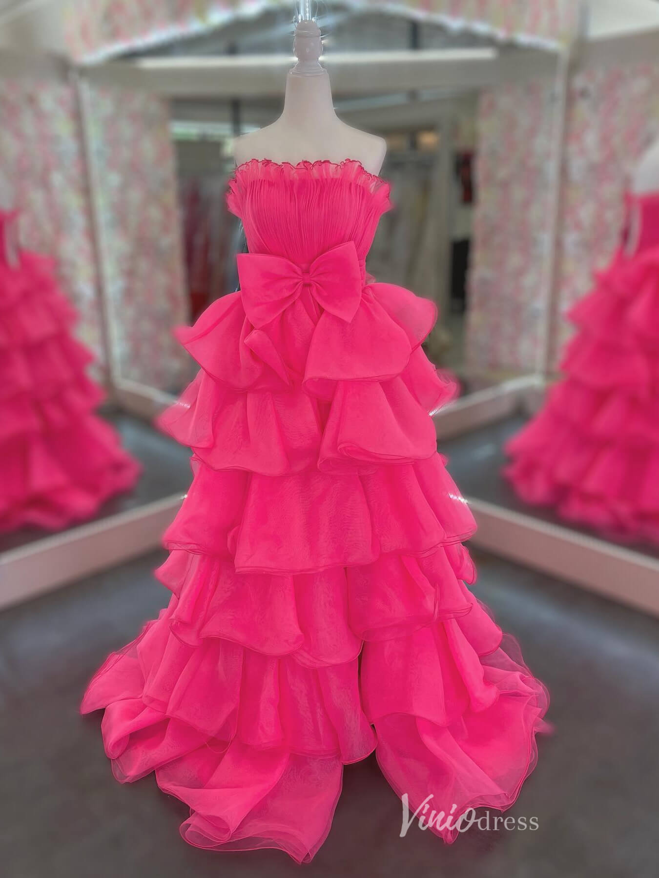 Strapless Ruffled Bow Prom Dresses with Slit Pleated Bodice FD4073-prom dresses 2025 -Viniodress-Hot Pink-Custom Size-