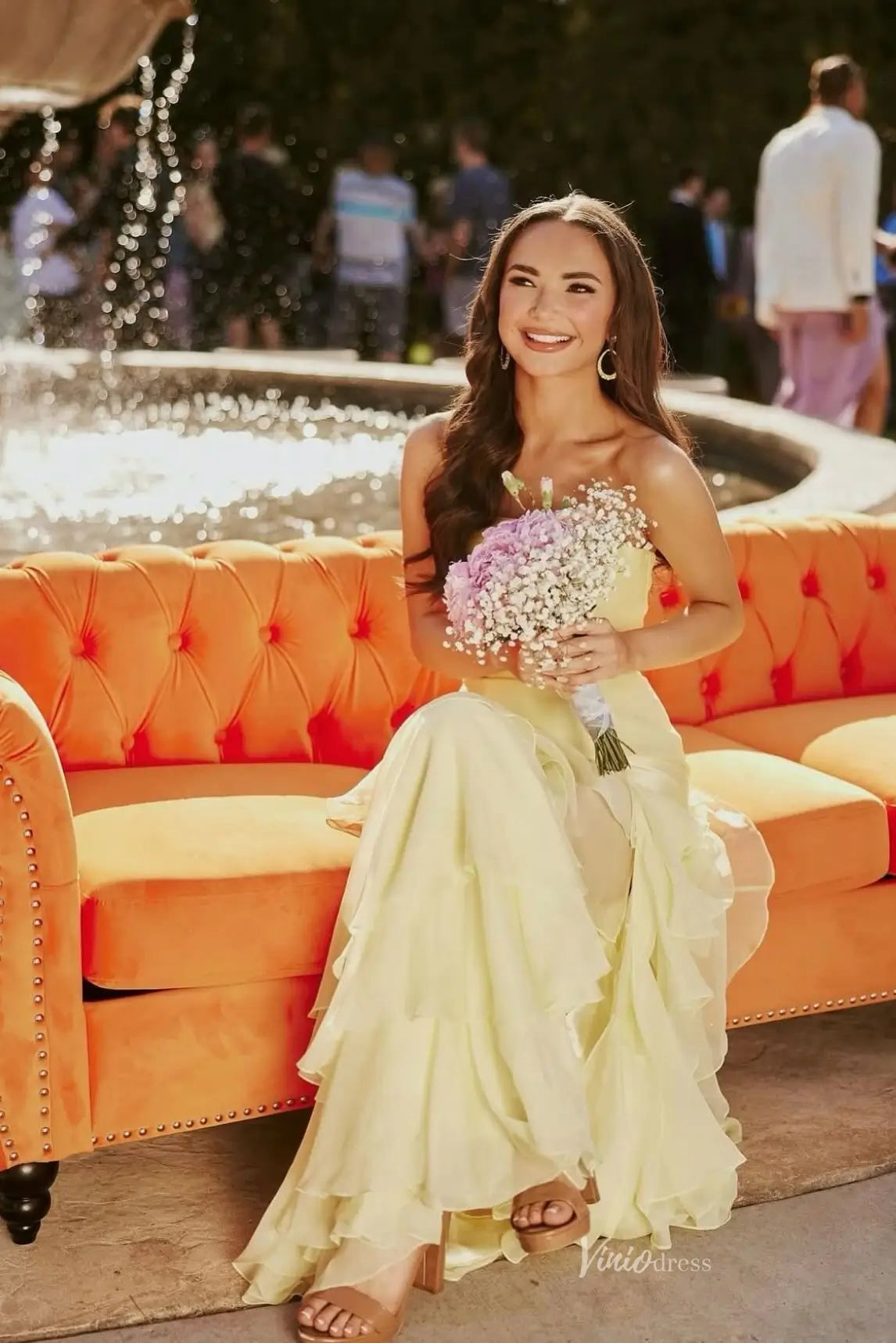 Strapless Ruffled Mermaid Prom Dress with Slit & Tiered Chiffon Skirt– Style RF072-prom dresses 2026-Viniodress-Yellow-Custom Size-