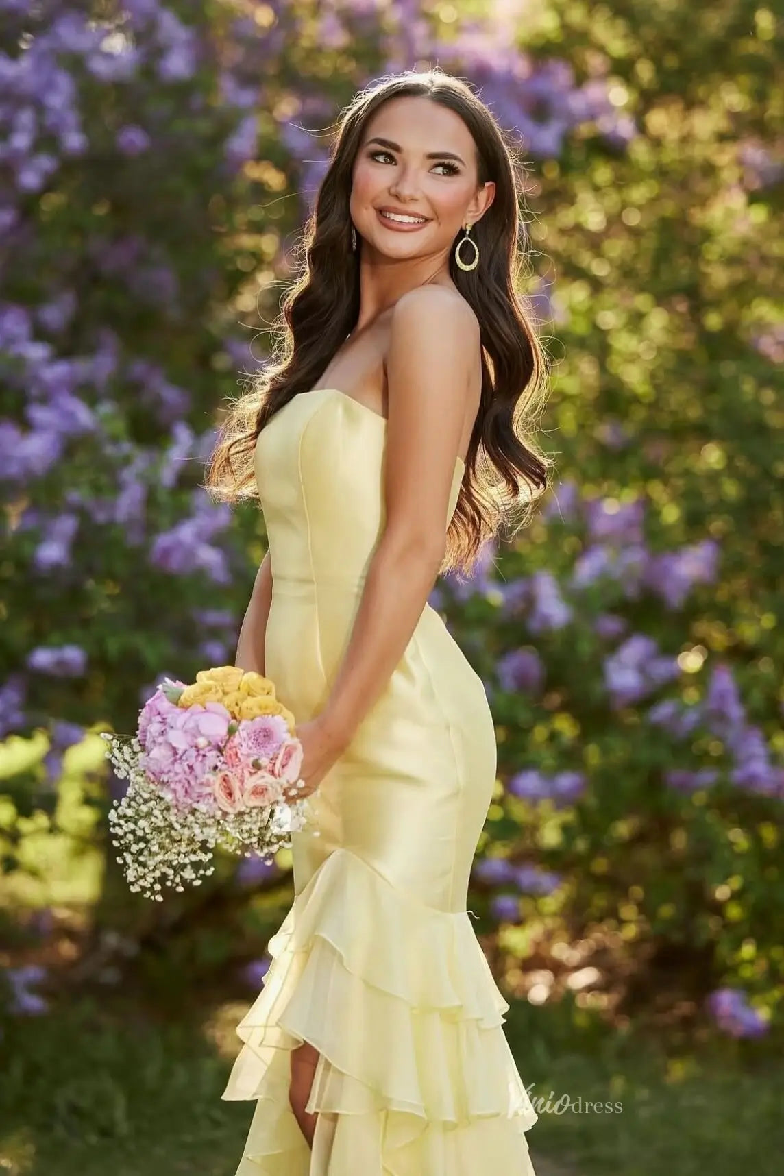 Strapless Ruffled Mermaid Prom Dress with Slit & Tiered Chiffon Skirt– Style RF072-prom dresses 2026-Viniodress-Yellow-Custom Size-