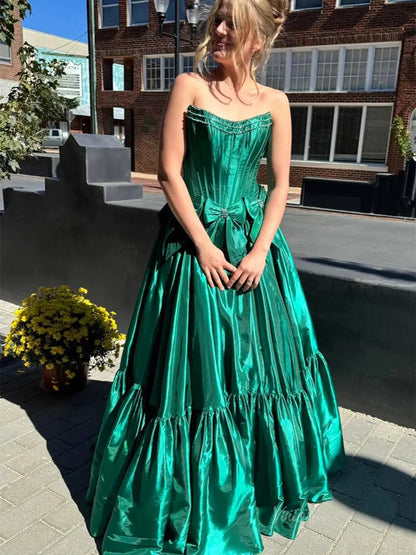 Strapless Satin A-Line Prom Dresses 2025 Bow-Tie Pleated Formal Gown - FD5146-prom dresses 2025 -Viniodress-Green-Custom Size-