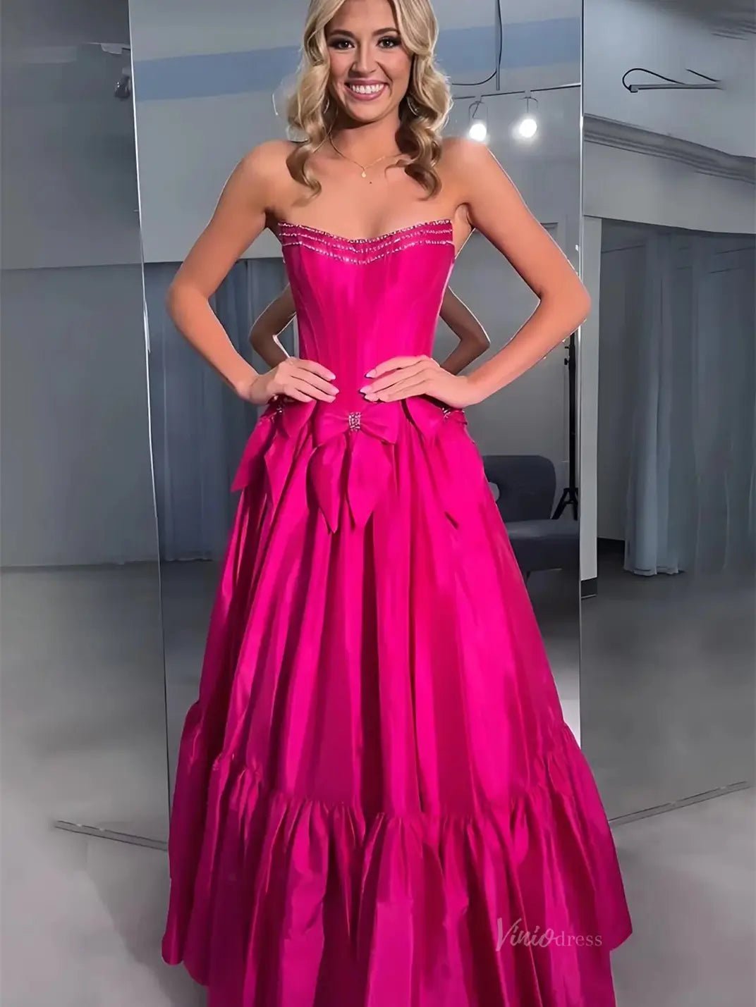 Strapless Satin A-Line Prom Dresses 2025 Bow-Tie Pleated Formal Gown - FD5146-prom dresses 2025 -Viniodress-Magenta-Custom Size-