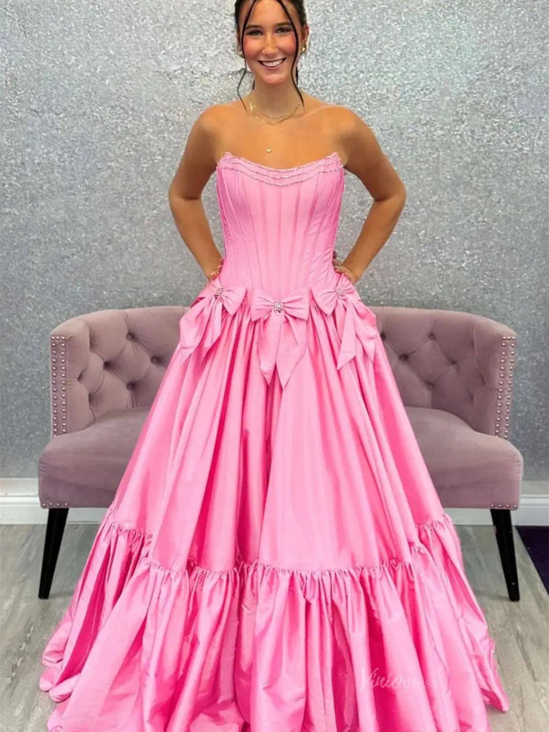 Strapless Satin A-Line Prom Dresses 2025 Bow-Tie Pleated Formal Gown - FD5146-prom dresses 2025 -Viniodress-Pink-Custom Size-