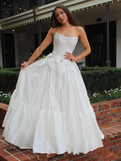 Strapless Satin A-Line Prom Dresses 2025 Bow-Tie Pleated Formal Gown - FD5146-prom dresses 2025 -Viniodress-Ivory-Custom Size-