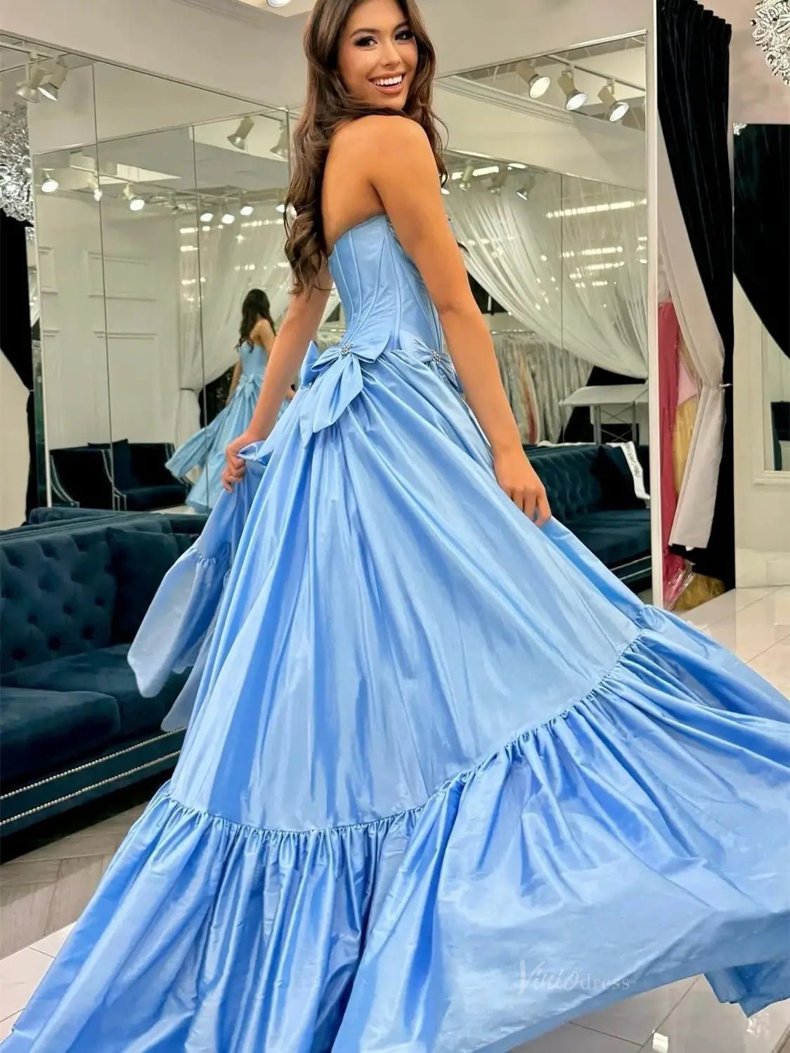 Strapless Satin A-Line Prom Dresses 2025 Bow-Tie Pleated Formal Gown - FD5146-prom dresses 2025 -Viniodress-Light Blue-Custom Size-