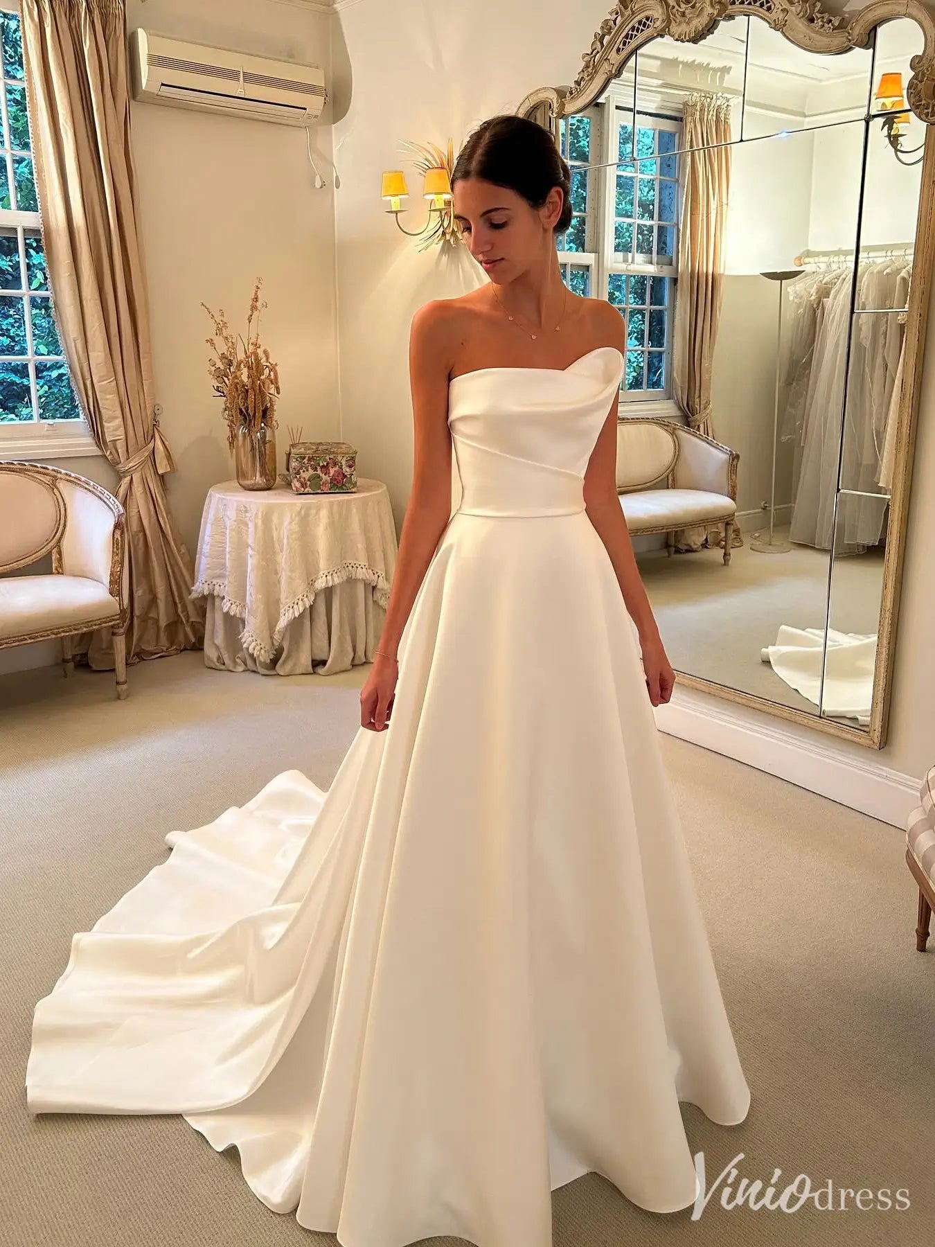 Strapless Satin A-Line Wedding Dress with Asymmetrical Neckline and Cathedral Train – VW2578-wedding dresses 2025 -Viniodress-Ivory-Custom Size-