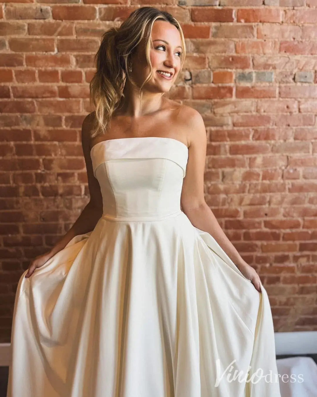 Strapless Satin A-Line Wedding Dress with Folded Neckline and Pockets – MS112-wedding dresses 2025 -Viniodress-Ivory-Custom Size-