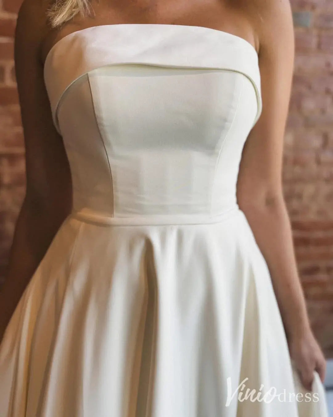 Strapless Satin A-Line Wedding Dress with Folded Neckline and Pockets – MS112-wedding dresses 2025 -Viniodress-Ivory-Custom Size-