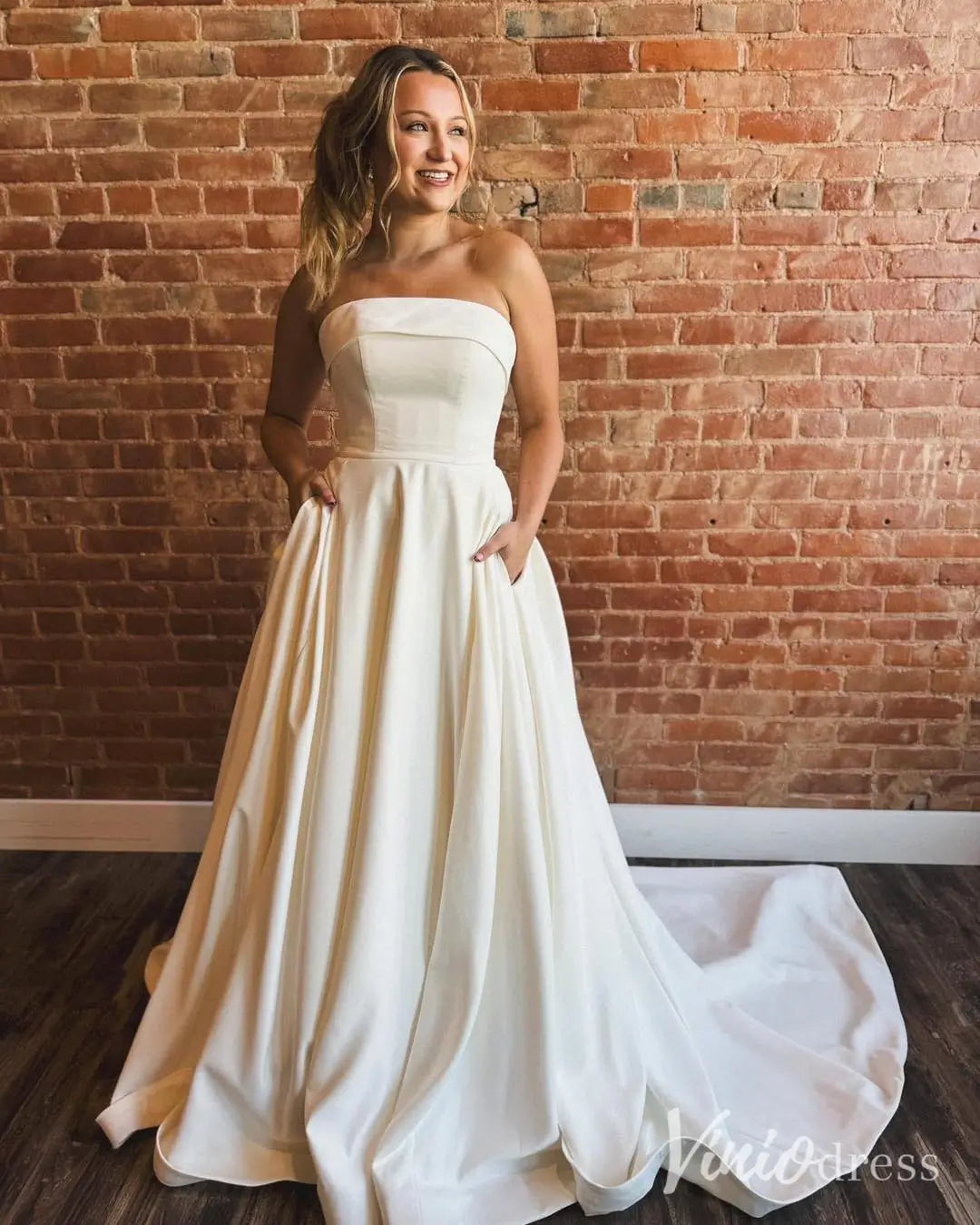 Strapless Satin A-Line Wedding Dress with Folded Neckline and Pockets – MS112-wedding dresses 2025 -Viniodress-Ivory-Custom Size-