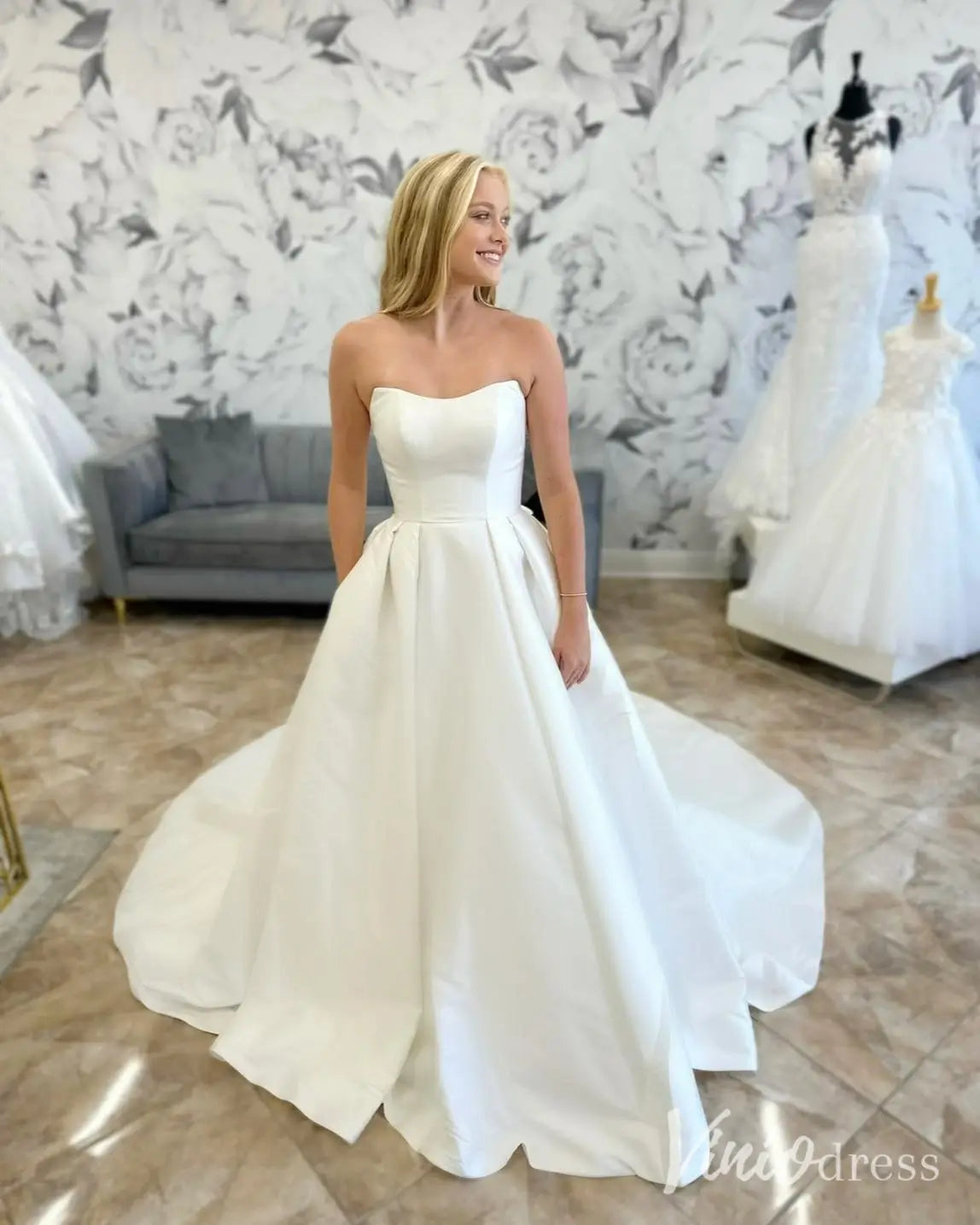 Strapless Satin Ball Gown Wedding Dress with Illusion Back, Pockets and Bow – MS111-wedding dresses 2025 -Viniodress-Ivory-Custom Size-