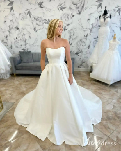 Strapless Satin Ball Gown Wedding Dress with Illusion Back, Pockets and Bow – MS111-wedding dresses 2025 -Viniodress-Ivory-Custom Size-