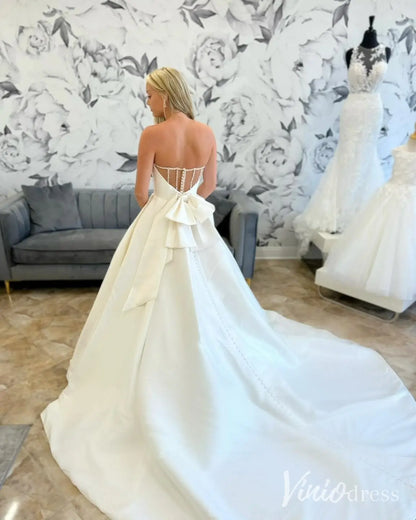 Strapless Satin Ball Gown Wedding Dress with Illusion Back, Pockets and Bow – MS111-wedding dresses 2025 -Viniodress-Ivory-Custom Size-