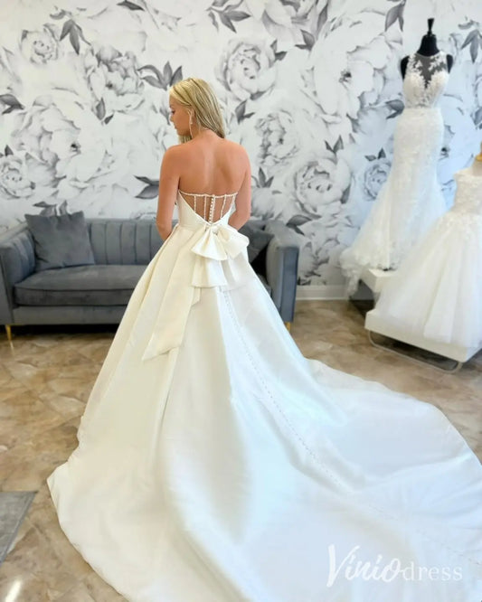 Strapless Satin Ball Gown Wedding Dress with Illusion Back, Pockets and Bow – MS111-wedding dresses 2025 -Viniodress-Ivory-Custom Size-