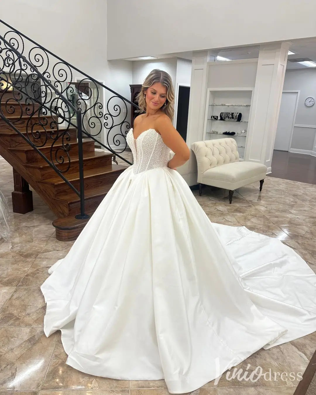 Strapless Satin Ball Gown Wedding Dress with Pearl Beaded Corset Bodice – MS101-wedding dresses 2025 -Viniodress-Ivory-Custom Size-