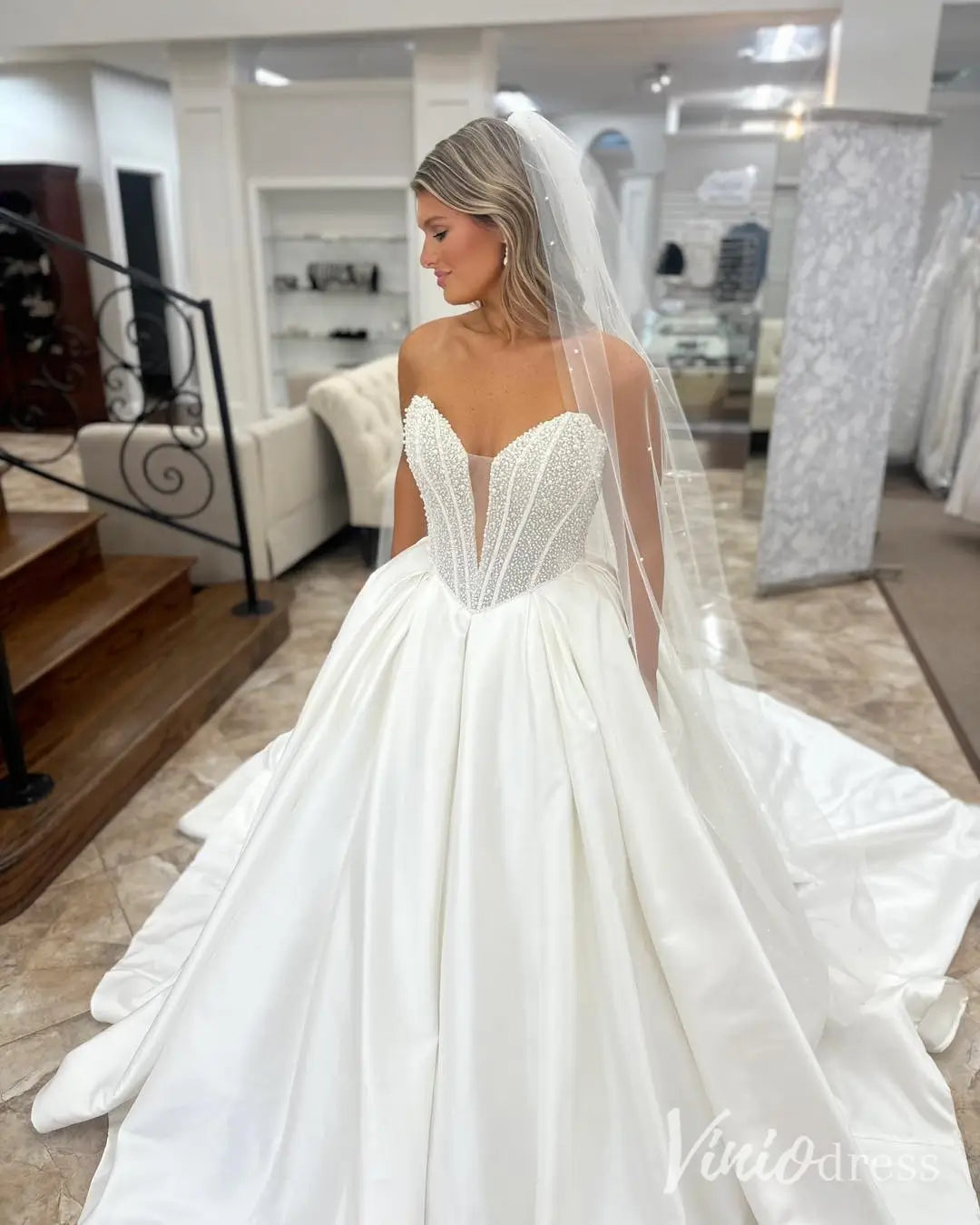 Strapless Satin Ball Gown Wedding Dress with Pearl Beaded Corset Bodice – MS101-wedding dresses 2025 -Viniodress-Ivory-Custom Size-