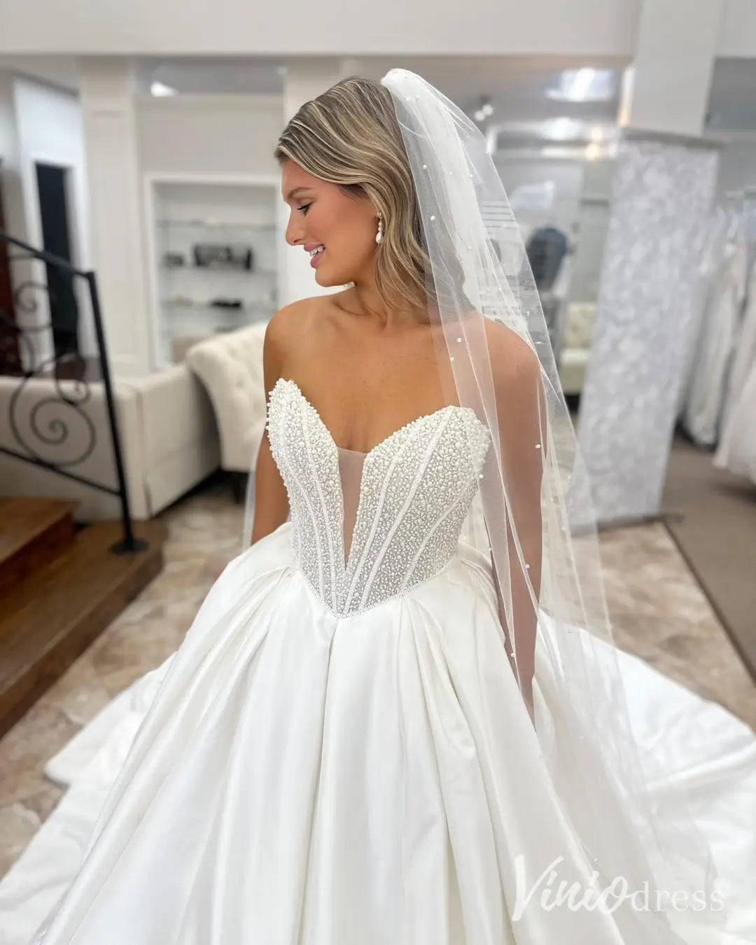 Strapless Satin Ball Gown Wedding Dress with Pearl Beaded Corset Bodice – MS101-wedding dresses 2025 -Viniodress-Ivory-Custom Size-