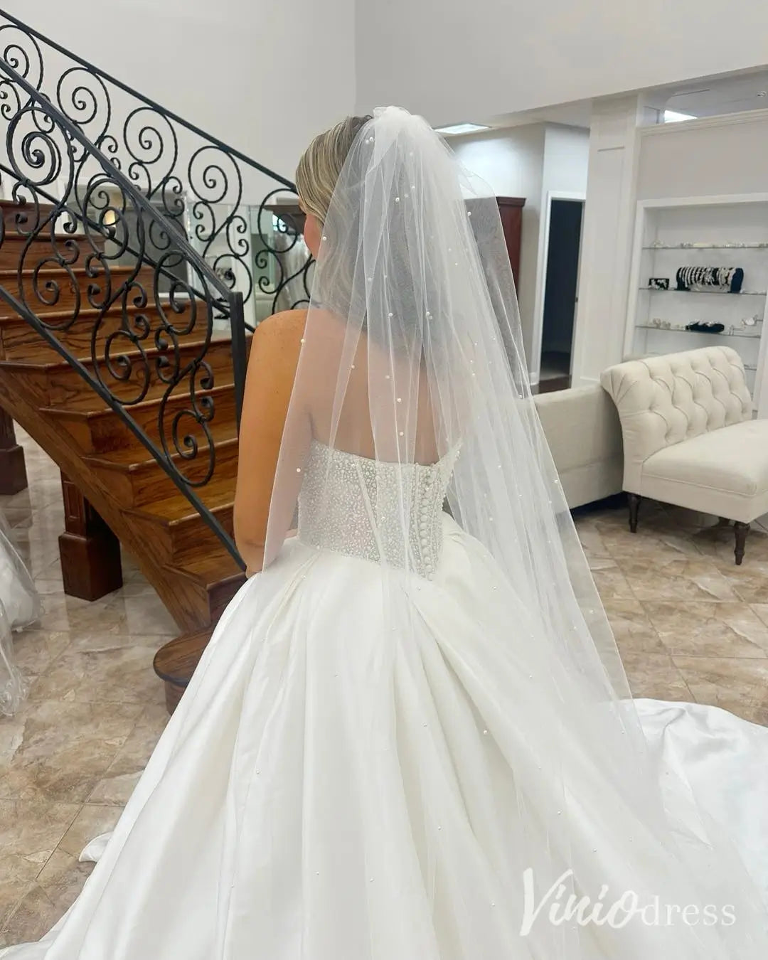 Strapless Satin Ball Gown Wedding Dress with Pearl Beaded Corset Bodice – MS101-wedding dresses 2025 -Viniodress-Ivory-Custom Size-