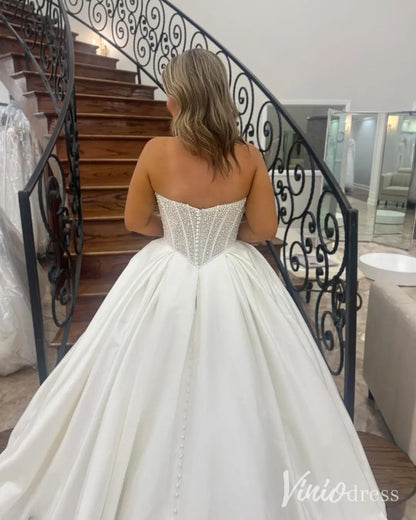 Strapless Satin Ball Gown Wedding Dress with Pearl Beaded Corset Bodice – MS101-wedding dresses 2025 -Viniodress-Ivory-Custom Size-
