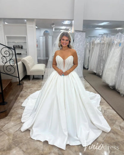 Strapless Satin Ball Gown Wedding Dress with Pearl Beaded Corset Bodice – MS101-wedding dresses 2025 -Viniodress-Ivory-Custom Size-