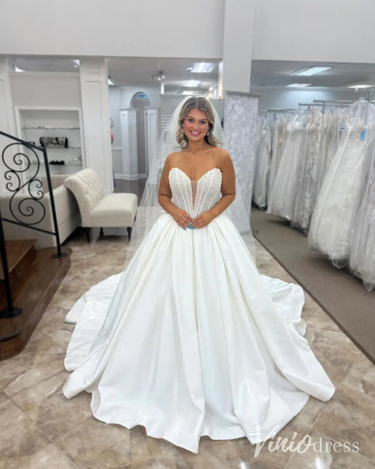 Strapless Satin Ball Gown Wedding Dress with Pearl Beaded Corset Bodice – MS101-wedding dresses 2025 -Viniodress-Ivory-Custom Size-