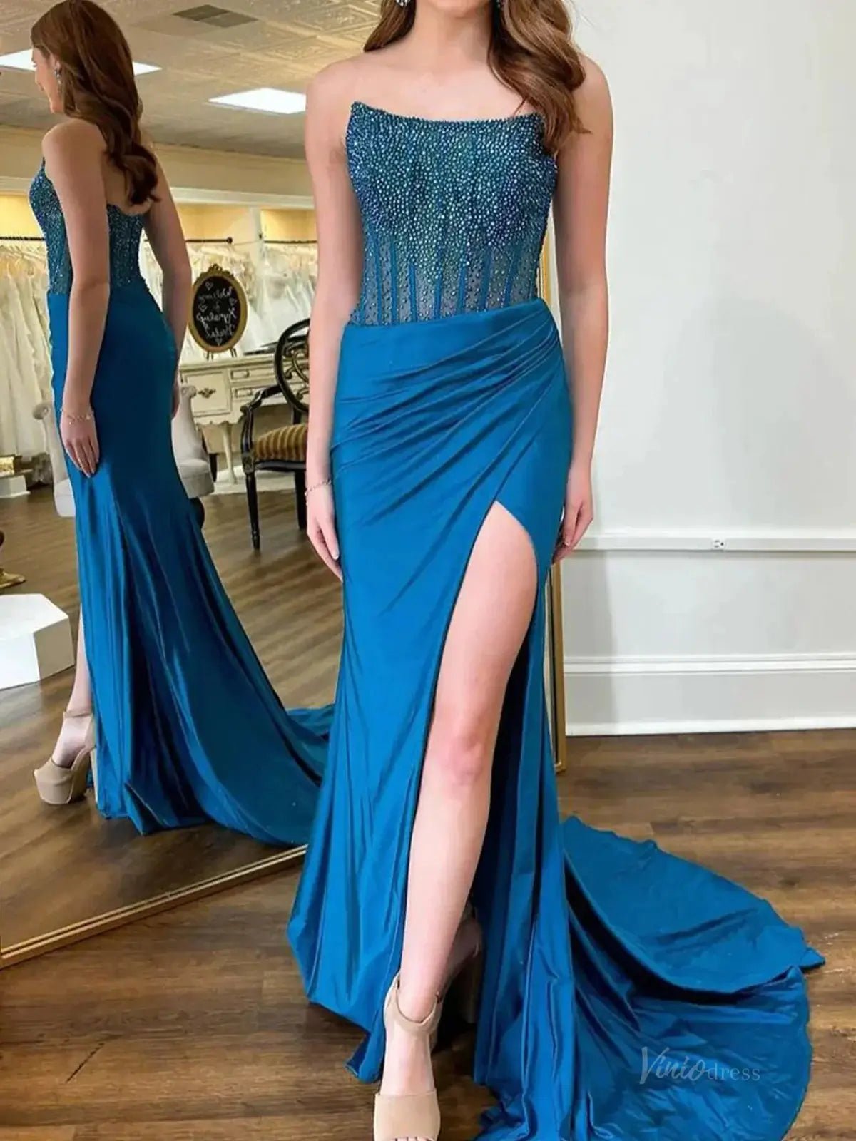 Strapless Satin Mermaid Prom Dress 2025 with Slit & Beaded Boned Bodice – FD5031-prom dresses 2025 -Viniodress-Blue-Custom Size-