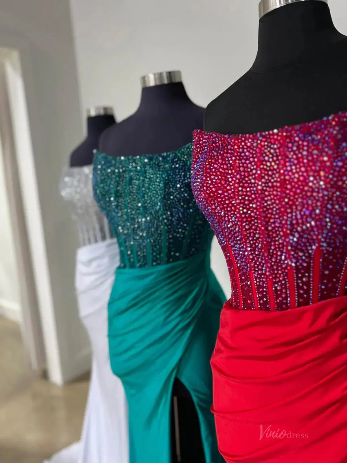 Strapless Satin Mermaid Prom Dress 2025 with Slit & Beaded Boned Bodice – FD5031-prom dresses 2025 -Viniodress-Blue-Custom Size-