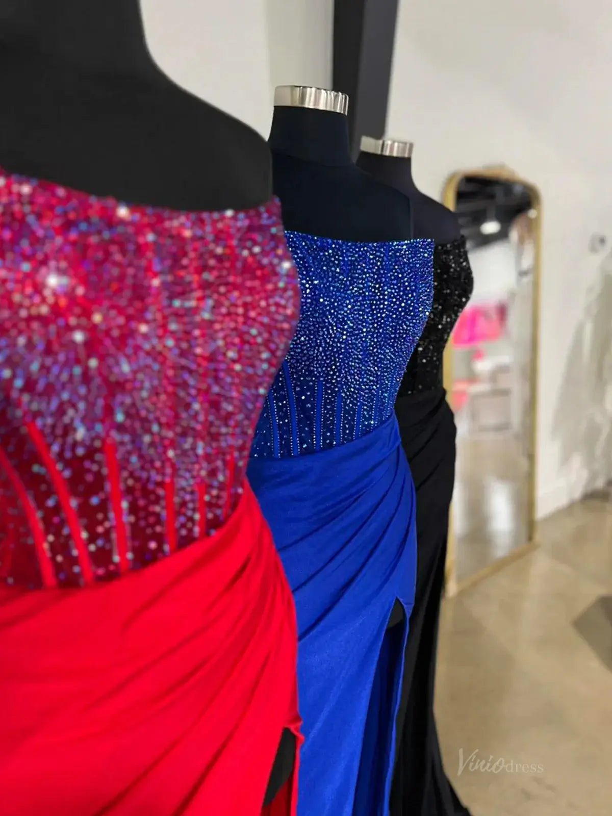 Strapless Satin Mermaid Prom Dress 2025 with Slit & Beaded Boned Bodice – FD5031-prom dresses 2025 -Viniodress-Blue-Custom Size-