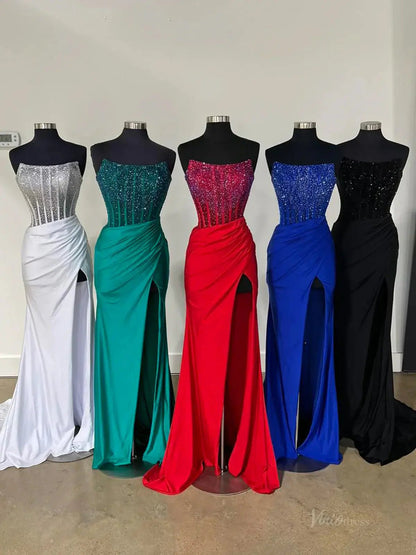 Strapless Satin Mermaid Prom Dress 2025 with Slit & Beaded Boned Bodice – FD5031-prom dresses 2025 -Viniodress-Blue-Custom Size-
