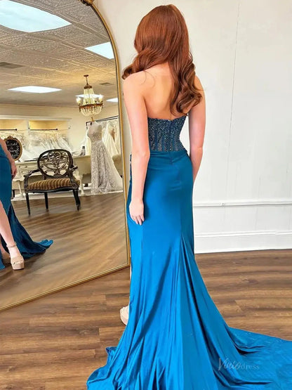 Strapless Satin Mermaid Prom Dress 2025 with Slit & Beaded Boned Bodice – FD5031-prom dresses 2025 -Viniodress-Blue-Custom Size-