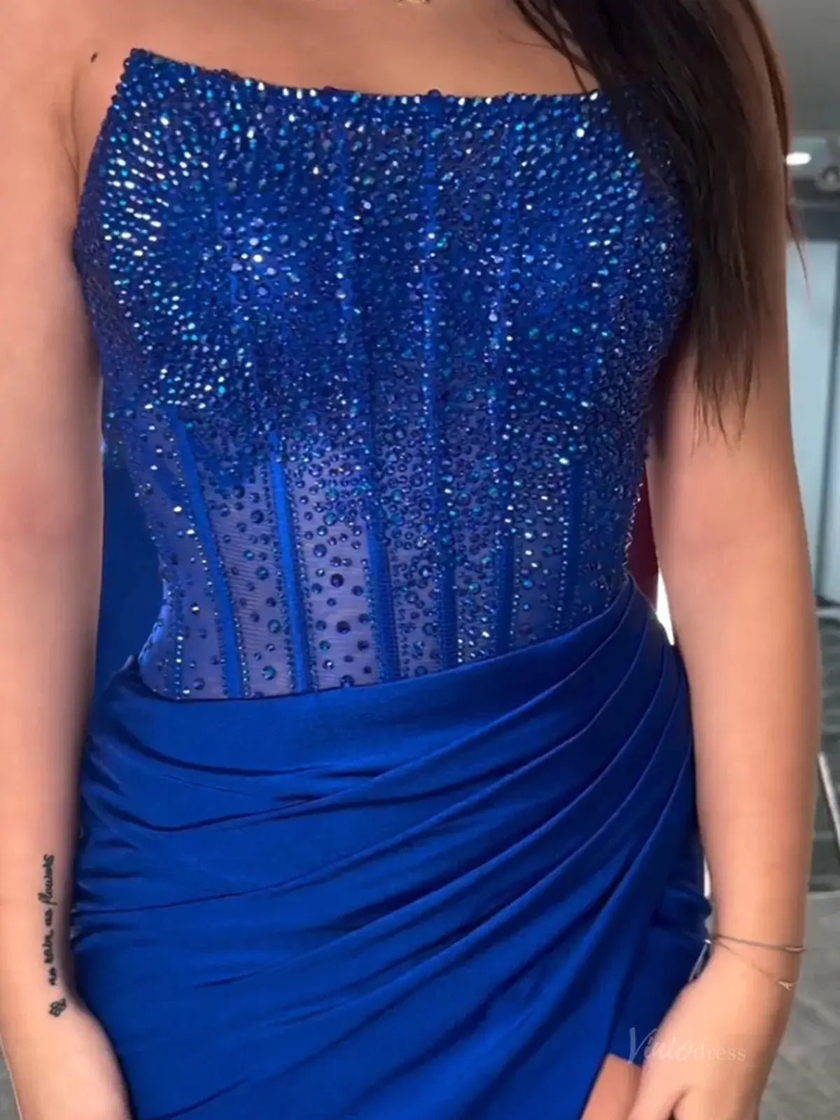Strapless Satin Mermaid Prom Dress 2025 with Slit & Beaded Boned Bodice – FD5031-prom dresses 2025 -Viniodress-Blue-Custom Size-