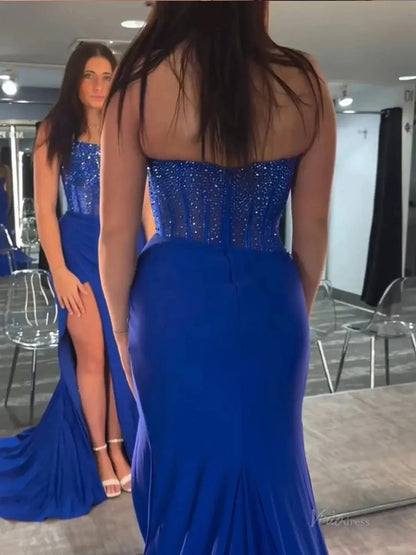 Strapless Satin Mermaid Prom Dress 2025 with Slit & Beaded Boned Bodice – FD5031-prom dresses 2025 -Viniodress-Royal Blue-Custom Size-