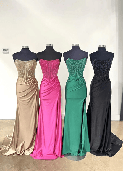 Strapless Satin Mermaid Prom Dress 2025 with Slit & Beaded Boned Bodice – FD5031B-prom dresses 2025 -Viniodress-Nude-Custom Size-