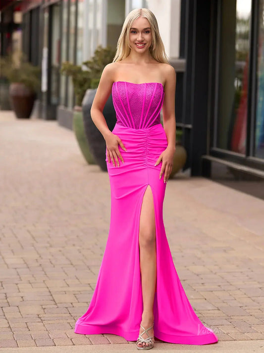 Strapless Satin Mermaid Prom Dress 2025 with Slit & Beaded Boned Bodice – FD5044 - Viniodressprom dressesFuchsiaCustom Size - Formal Dresses - Ball Gowns