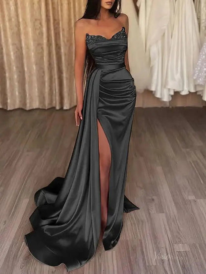 Strapless Satin Mermaid Prom Dress 2025 with Slit & Overskirt – FD5001-prom dresses 2025 -Viniodress-Black-Custom Size-