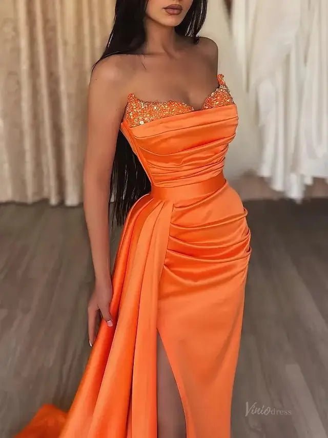 Strapless Satin Mermaid Prom Dress 2025 with Slit & Overskirt – FD5001-prom dresses 2025 -Viniodress-Orange-Custom Size-